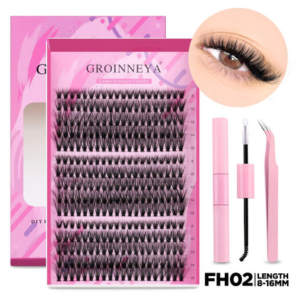 GROINNEYA DIY Lash Extension Kit – Individual & Cluster Lashes Full Set with Lash Bond and Seal for At-Home Use