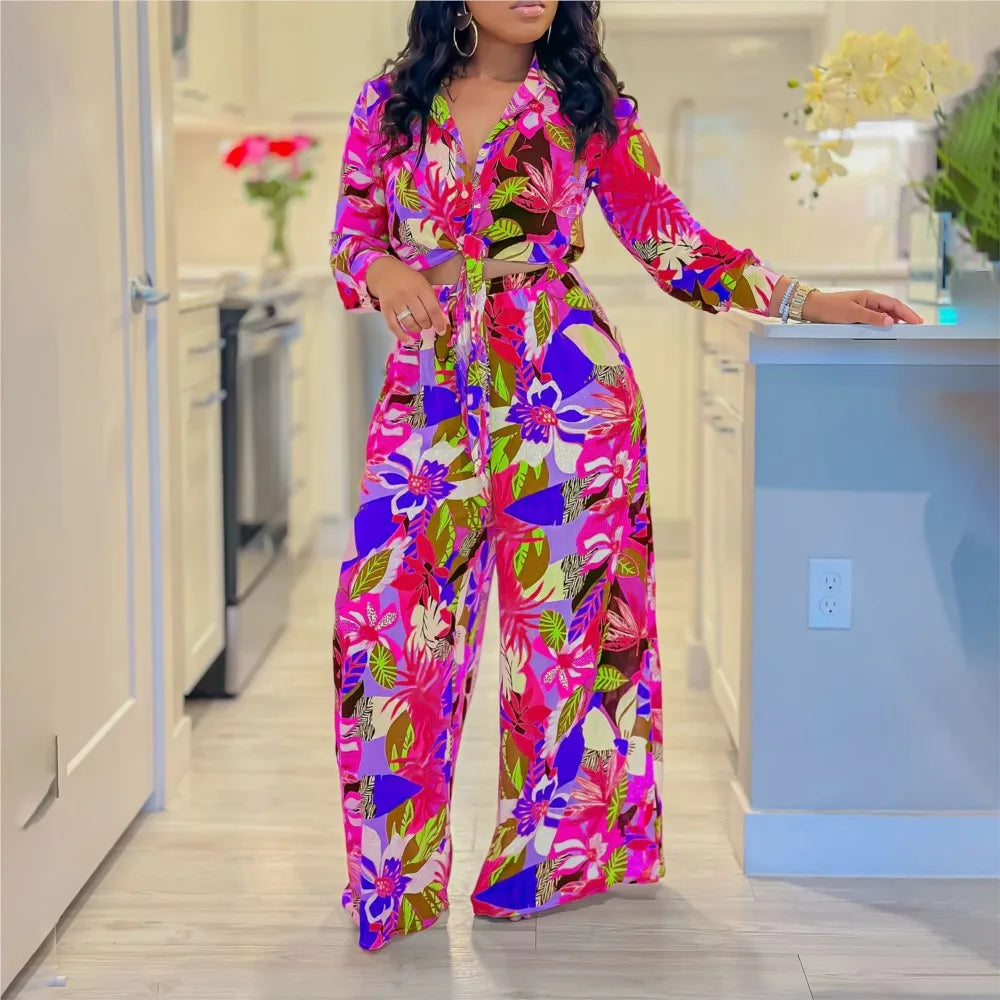Women’s 2-Piece Spring/Autumn Set – Printed Long Sleeve Lace-Up Shirt & Slim Straight Pants