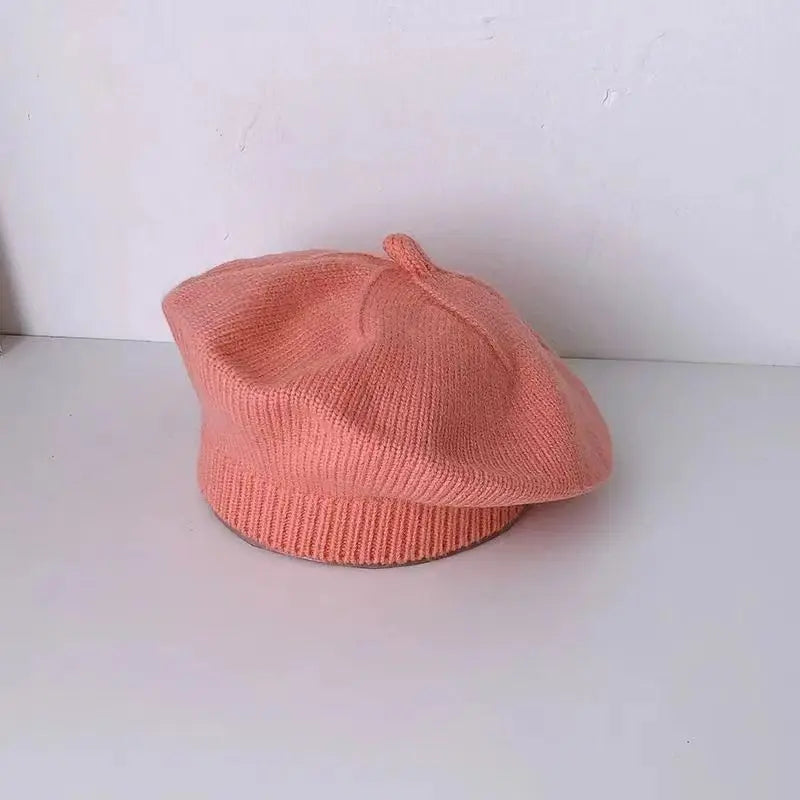 Flower Baby Beret Hat – Winter Warm Knitted Beanie for Infant & Toddler Girls, Korean Princess Artist Painter Cap Solid Color