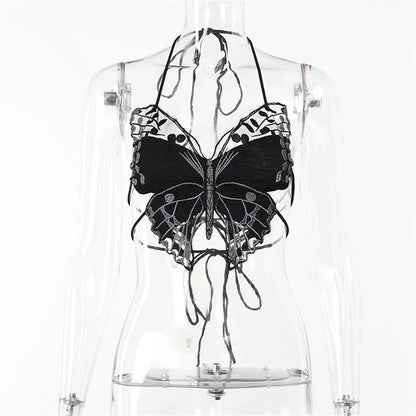 Women’s Butterfly Lace Camisole Crop Top – Spaghetti Strap Slim Fit See-Through Summer Bralette with Front Slit Low Cut Design
