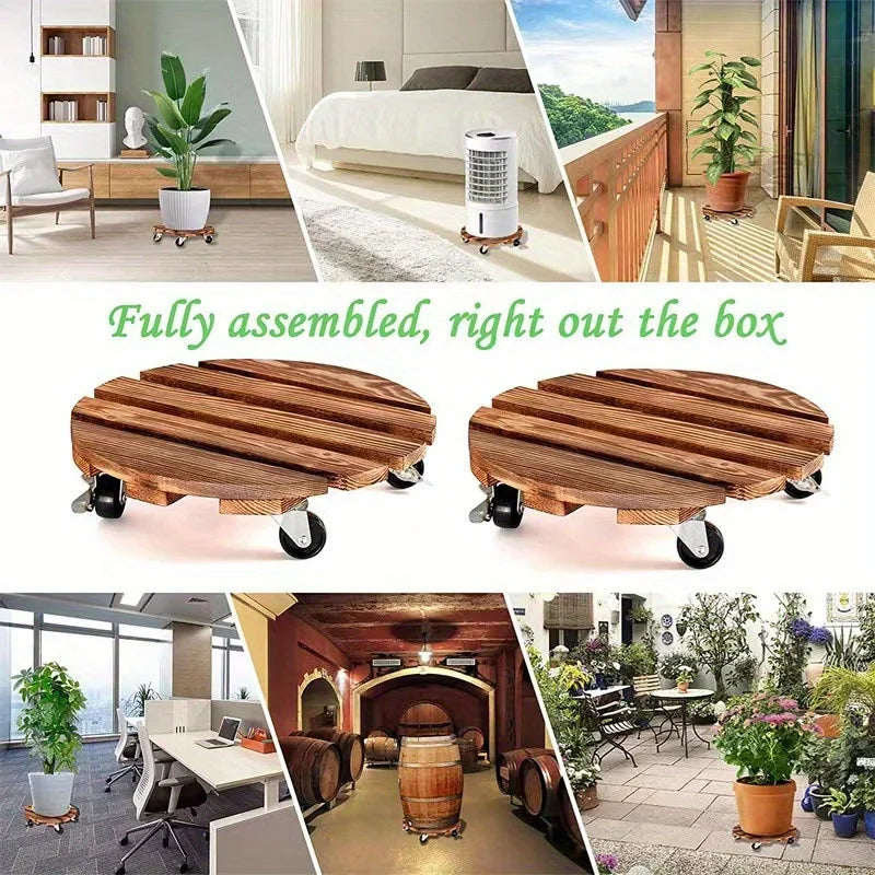 Wooden Plant Caddy Stand - Heavy Duty Rolling Plant Dolly with Lockable Wheels for Indoor & Outdoor Pots
