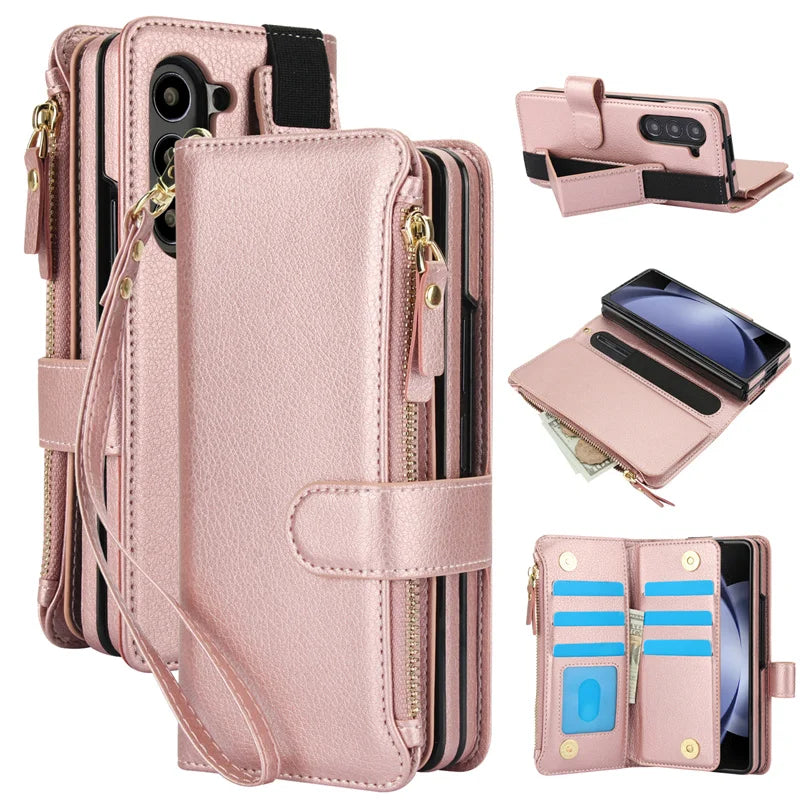 Leather Wristband Wallet Case for Samsung Galaxy Z Fold 3/4/5/6 – Shock Resistant Protective Cover
