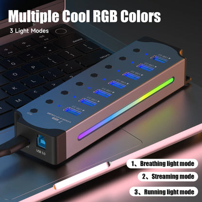 10-in-1 USB 3.0 Powered Hub — RGB E-Marker with Individual Switches & Heat Dissipation, DC 5V Adapter