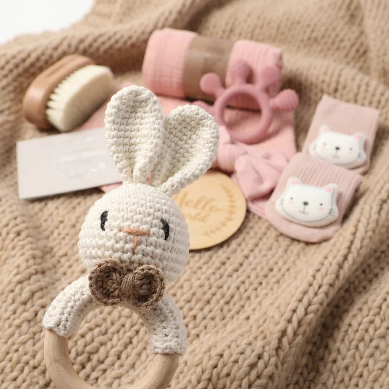 Newborn Baby Bath Gift Set - Cotton Blanket, Saliva Towel, Rattle Toy & Soft Brush Kit