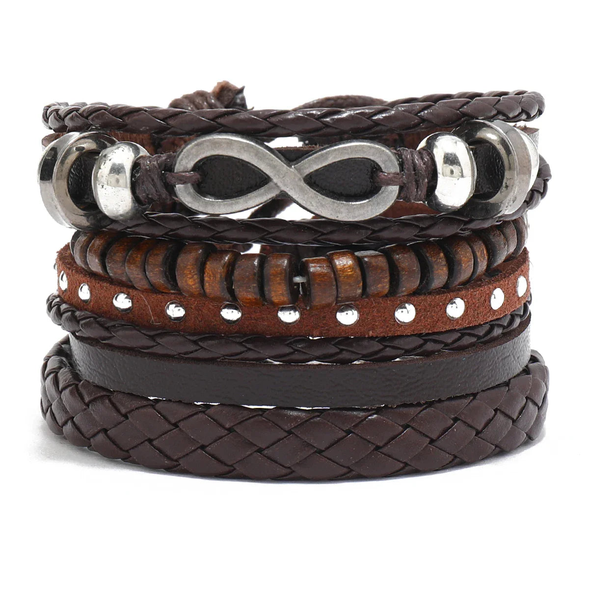 4Pcs Men's Braided Leather Bracelets Set – Vintage Life Tree & Rudder Charms, Wood Beads, Ethnic Tribal Wristbands