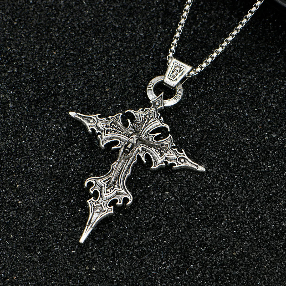 Vintage Gothic Skull Jesus Cross Necklace - Catholic Punk Religious Amulet Pendant for Men