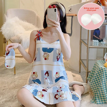 Women’s Cartoon Animal Pajama Set - Cute Loose Sling Nightgown with Bra Pad & Free Eye Mask for Sleepwear