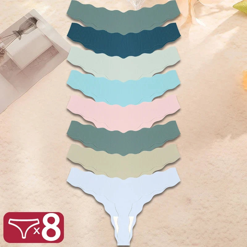8Pcs Women’s Seamless G-String Panties - Ice Silk Elastic Thong Underwear Set for Comfort & Everyday Wear