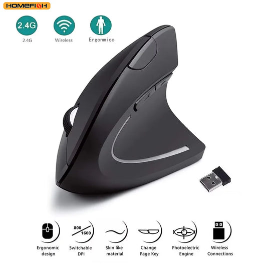 HOMEFISH Ergonomic Wireless Vertical Mouse - 2.4GHz Optical Computer Mouse with Adjustable DPI & 6 Buttons
