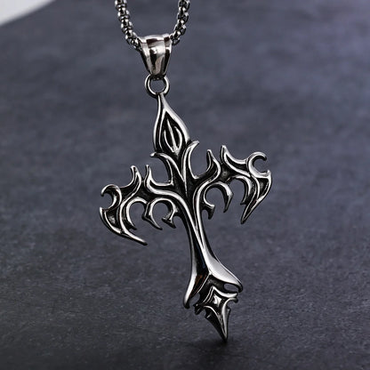 Stainless Steel Flame Retro Cross Necklace – Titanium Steel Casting Pendant for Men, Stylish Vintage Design