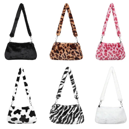 Women’s Leopard Plush Shoulder Bag - Animal Print Underarm Crossbody Messenger Bag for Casual Everyday Style