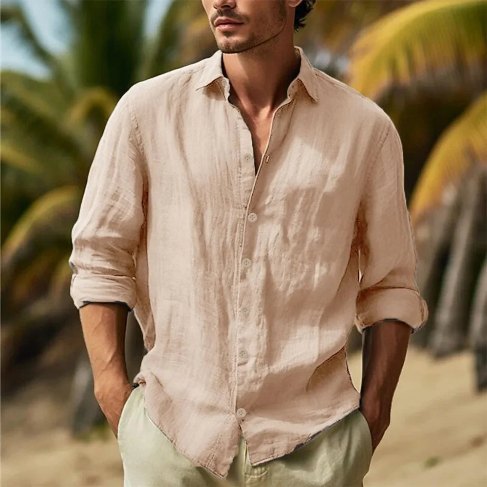 Men’s Cotton Linen Hawaiian Shirt - Lightweight Breathable Turn-Down Collar Casual White Streetwear Top