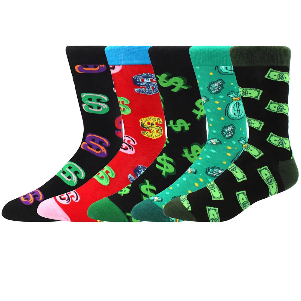 5-Pair Combed Cotton Novelty Crew Socks - Funny Skateboard Casual Socks for Men & Women