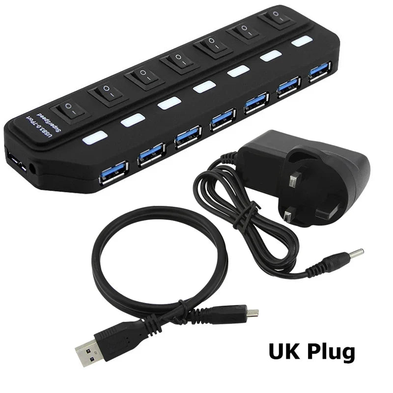 7-Port USB 3.0 Hub - High Speed 5Gbps Splitter with Power Switch & Long Cable for Multiple Device Expansion
