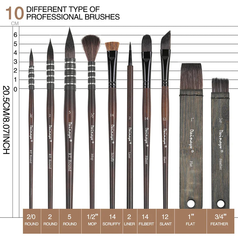 Dainayw 10-Piece Watercolor Brush Set – Organic Blue Squirrel & Horse Hair Mop Brushes for Acrylic, Watercolor, and Multi-Function Painting