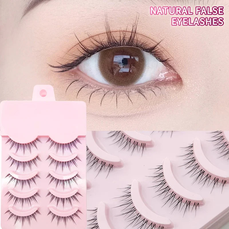 Manga Lashes 5 Pairs – Anime Cosplay Faux Mink Short Full Strip Lashes, Korean Natural Look, Clear Band Soft Eyelash Extensions