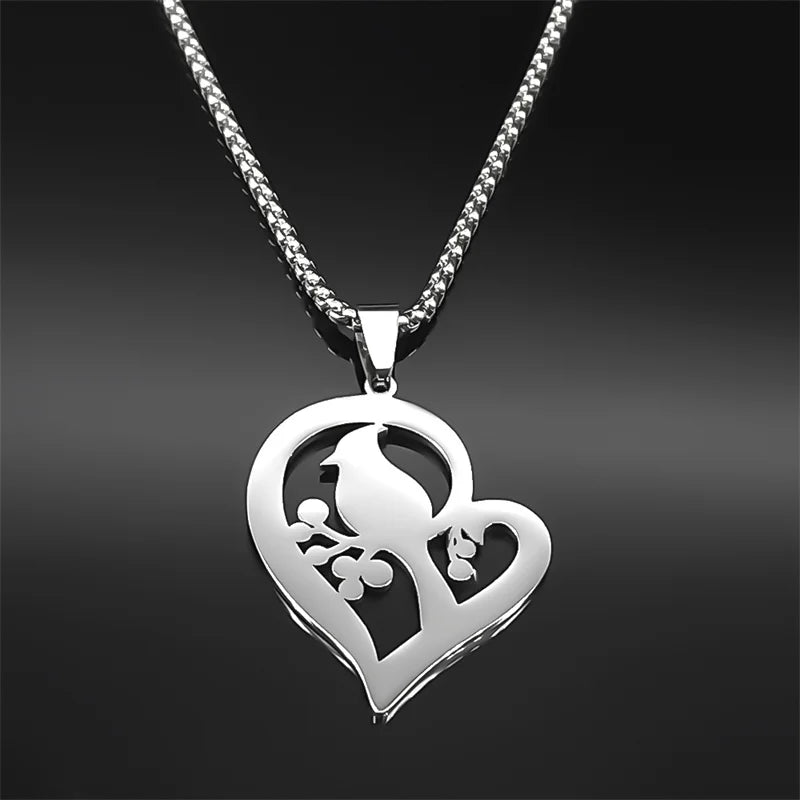 Heart Love Cardinals Pendant Necklace - Stainless Steel Silver Tone Family Amulet Chain Jewelry Gift for Women & Men