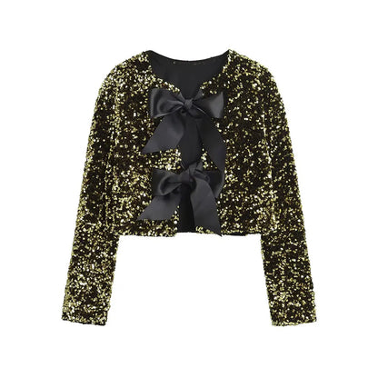 TRAF Women's Sequin Cropped Jacket – Long Sleeve O-Neck Coat with Bow Tie, Chic Outerwear Top
