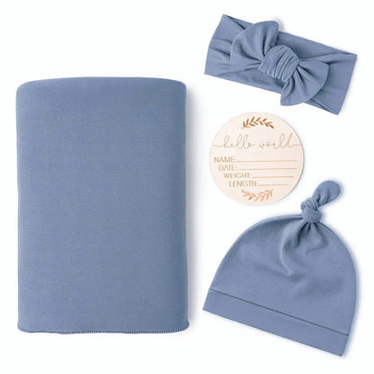 Newborn Baby Swaddle Blanket Set - Receiving Blanket with Matching Headband & Beanie (4-Piece Set)