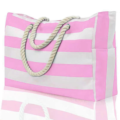 Striped Waterproof Canvas Beach Bag – Zippered Foldable Tote for Outdoor Travel and Vacation, Sand-Resistant Design