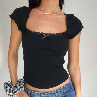 Y2K Vintage Lace Trim Baby Tee - Women's Square Neck Knitted Crop Top Summer Short Sleeve Shirt