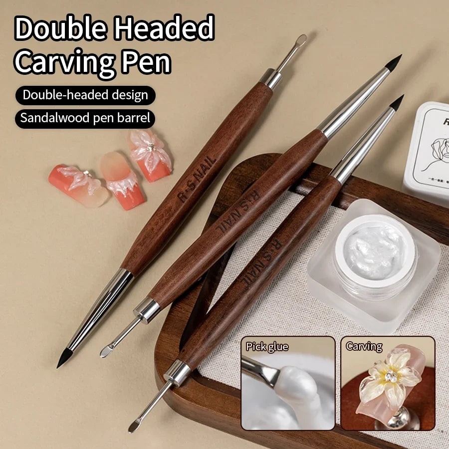 Wooden Double-Head Nail Art Brush - Silicone Carving Pen for Flower Painting and Nail Design Supplies