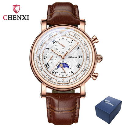 Chenxi 976 Men’s Leather Chronograph Watch – Phase of the Moon, Luminous Quartz Date Timepiece, Business Reloj para Hombres