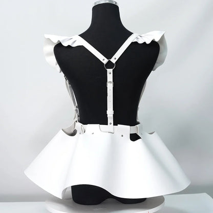 Women’s Gothic Leather Body Harness Belt – Skirt Accessory with Ruffle Hem, Waist & Shoulder Fashion Belt