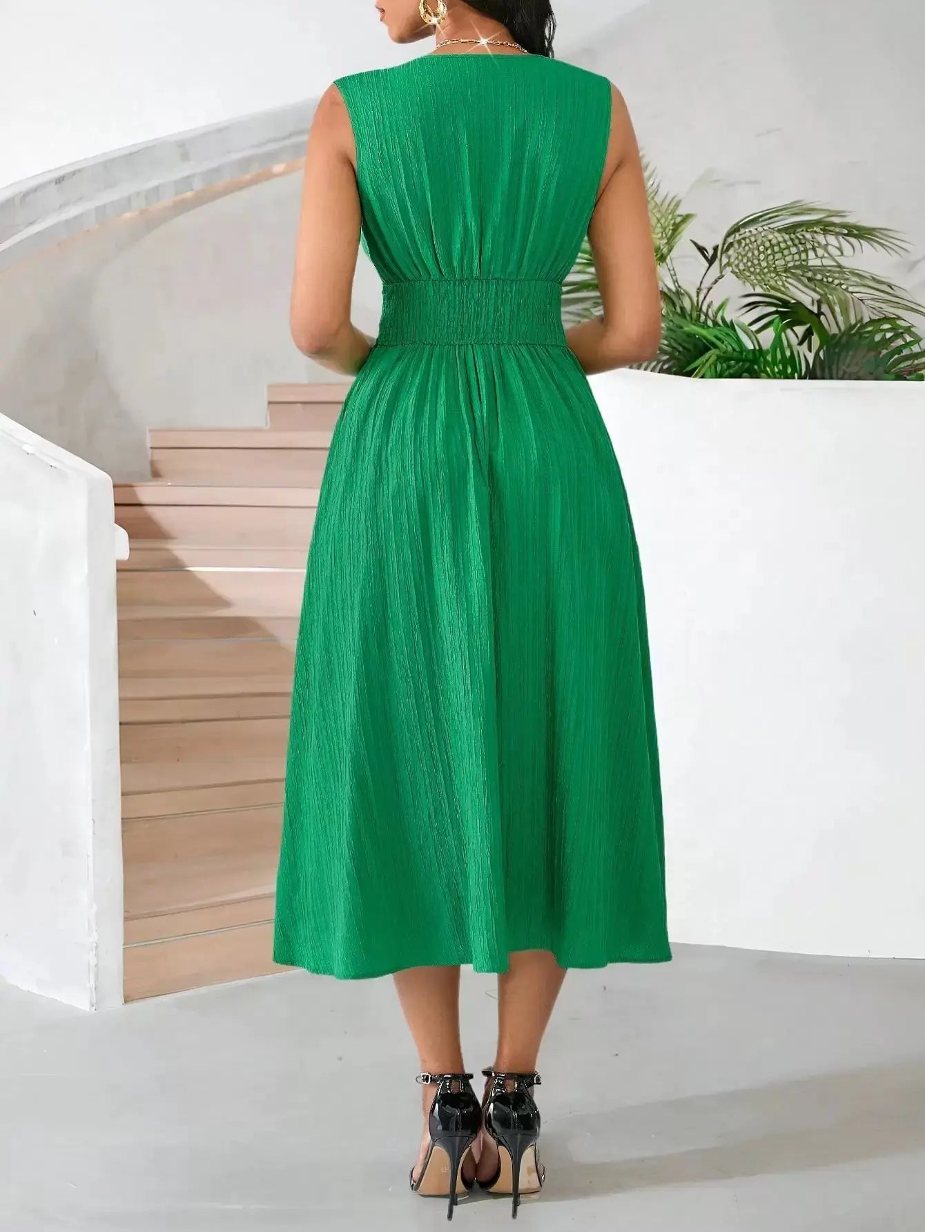 Women’s Long Sleeve Wave Pleated Dress - Elegant Summer Holiday Gathered Party Dress