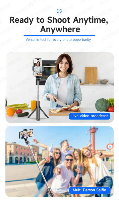 Bluetooth Selfie Stick Tripod with Wireless Remote and Phone Holder – Adjustable Desktop Stand for iPhone & Android, Optional Fill Light