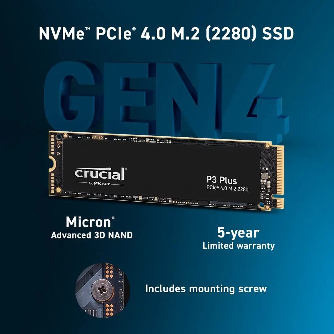 Crucial P3 Plus 1TB PCIe Gen4x4 NVMe M.2 SSD – 500GB, 1TB, 2TB, 5000MB/s Speed (OEM Package)