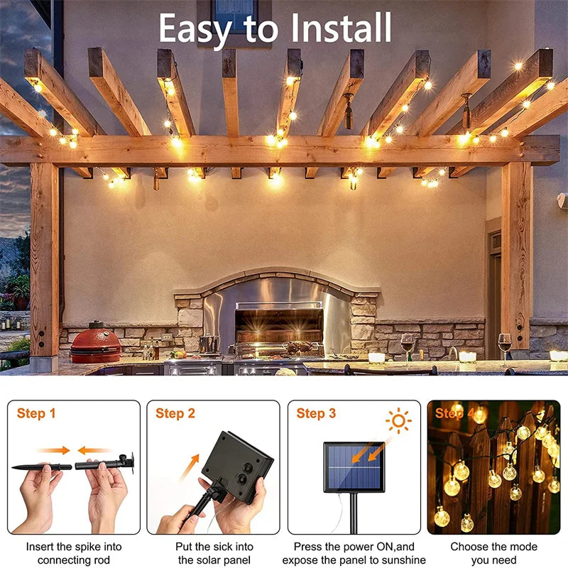 LED Solar String Lights – 60 Waterproof Crystal Globe Lights with 8 Modes for Outdoor Patio, Party & Tree Decor