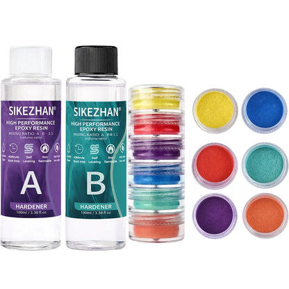 Crystal Clear Epoxy Resin Kit - AB Resin Glue with 6 Color Mica Powder for DIY Jewelry, Nail Art, Soap & Craft Casting