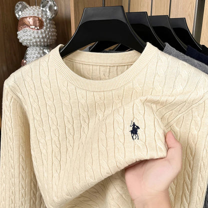 Men's Luxury Embroidered Knit Sweater - Long Sleeve Round Neck No-Pilling Casual Spring Pullover Top