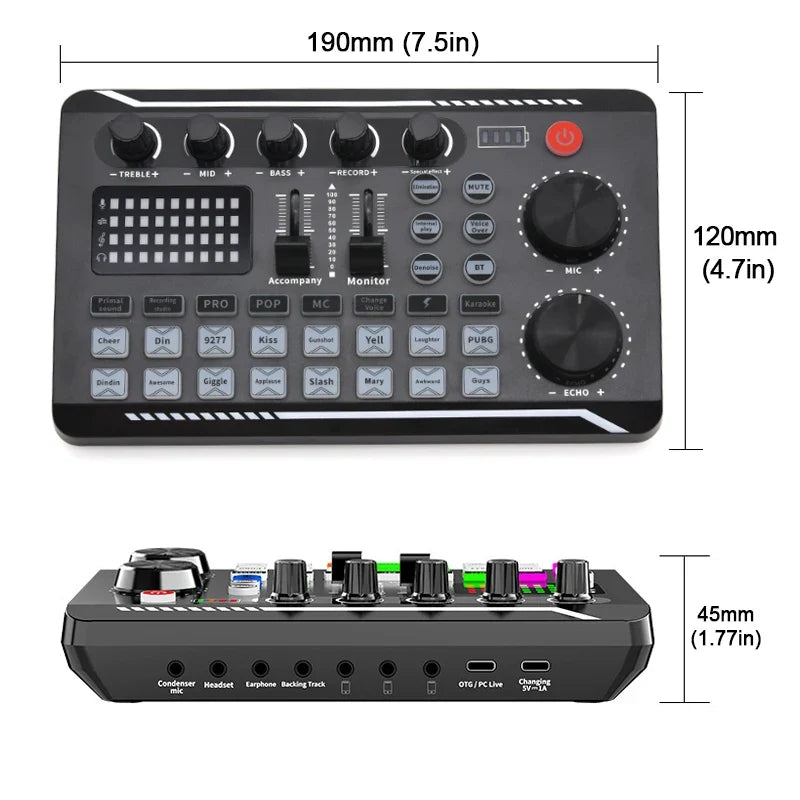 F998 Live Sound Card Audio Mixer - DJ Effects Voice Changer Interface with Bluetooth for Live Streaming, Singing & Recording