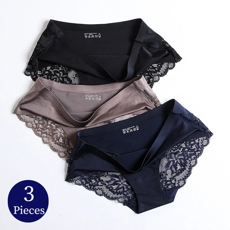Women’s Lace Panties 3PCS Set - Soft Satin Briefs Sexy Lingerie Underwear Plus Size Comfort Fit