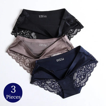 Women’s Lace Panties 3PCS Set - Soft Satin Briefs Sexy Lingerie Underwear Plus Size Comfort Fit
