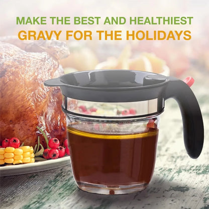 Fat Separator with Built-In Oil Strainer – Mess-Free Grease Separation Kitchen Utensil