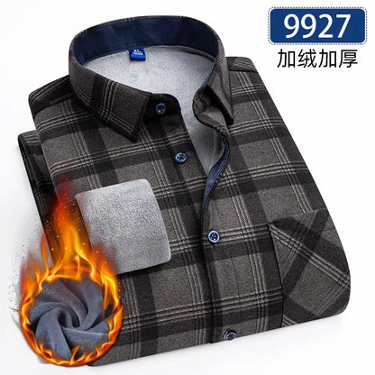 Men’s Fleece Plaid Shirt - Warm Thick Long Sleeve Business Check Shirt with Single Pocket for Autumn & Winter