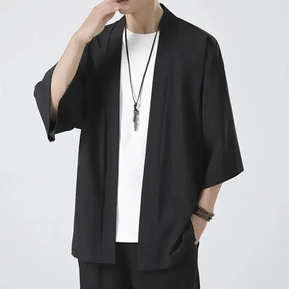 Men’s Casual Open Stitch Shirt - Lightweight Black Yukata Cardigan with 3/4 Sleeves for Summer Vacation