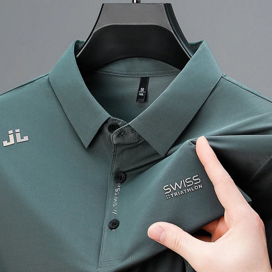 Men's Business Casual Polo Shirt - Short Sleeve Solid Color Top with Badge Detail