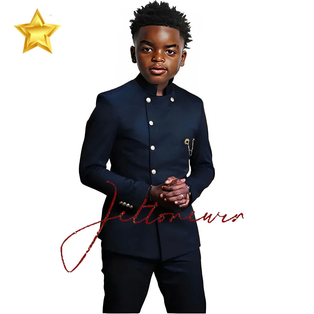 African Style Boys Suit - Stand Collar Blazer and Pants 2 Piece Casual Business Kids Formal Wear