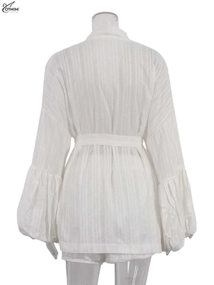 Oymimi Women’s White Cotton Two-Piece Set – Elegant Puff Sleeve Lace-Up Shirt & High-Waisted Shorts