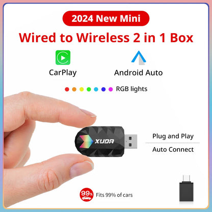 XUDA 2-in-1 Wireless CarPlay & Android Auto Mini Box — Plug & Play AI Adapter Compatible with 99% of Car Radios
