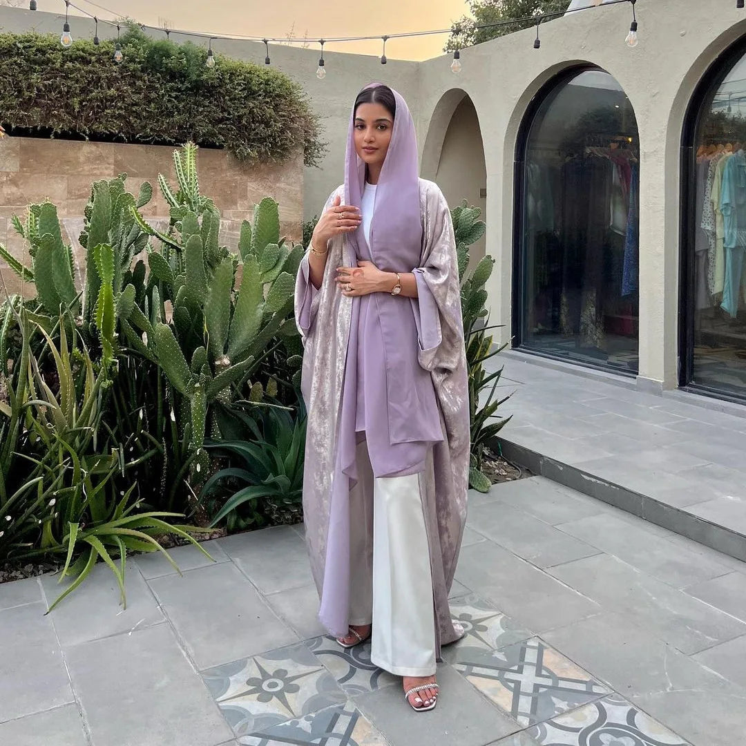 Women’s Shiny Satin Open Kimono Abaya – Luxury Dubai Ramadan Muslim Kaftan Dress