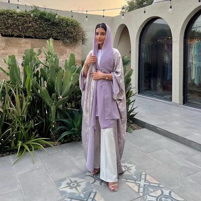 Women’s Shiny Satin Open Kimono Abaya – Luxury Dubai Ramadan Muslim Kaftan Dress