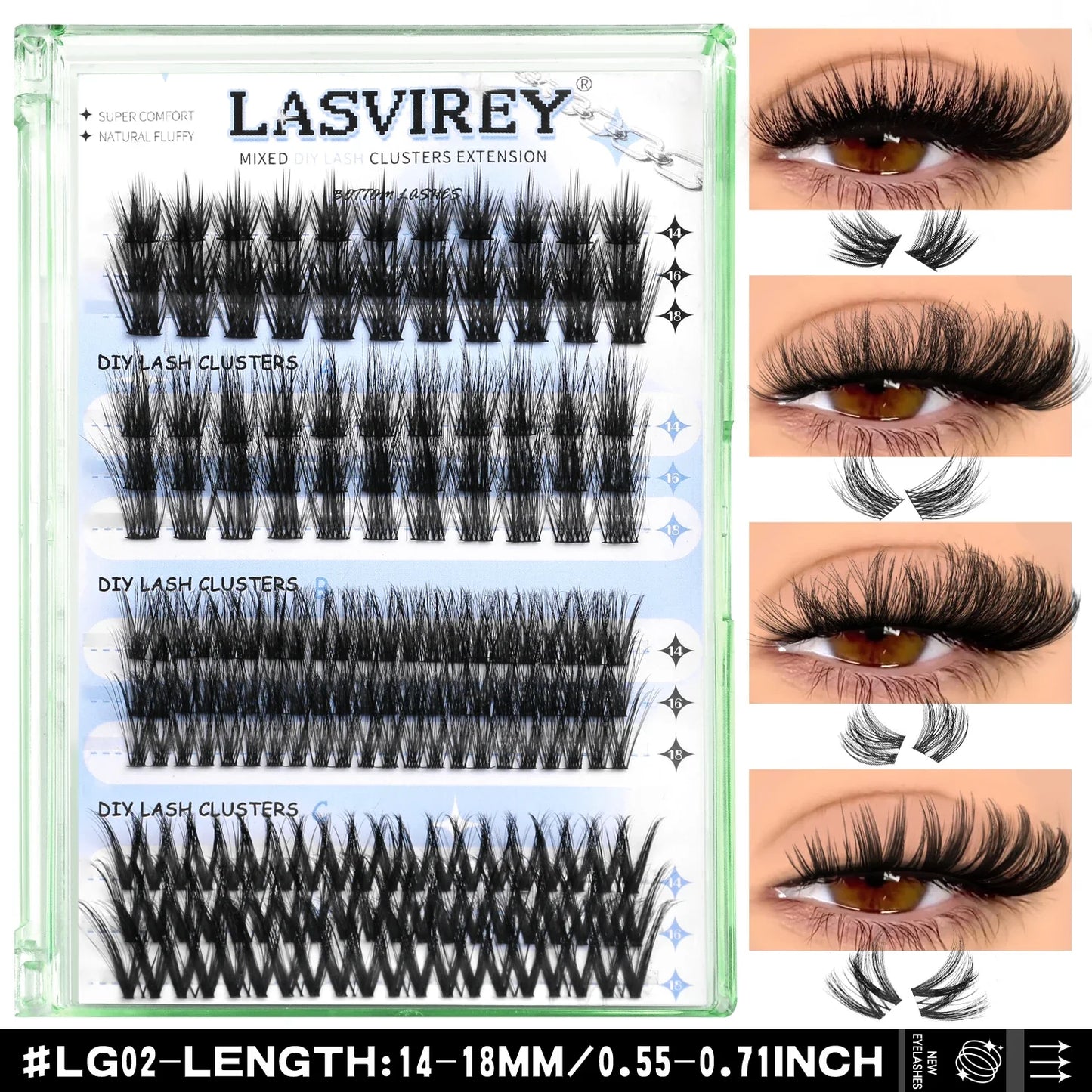 Lasvirey DIY Cluster Lashes Kit – 4-in-1 Fluffy Eyelash Extension Set with Lash Bond & Seal, Mixed Full Individual Lash Clusters