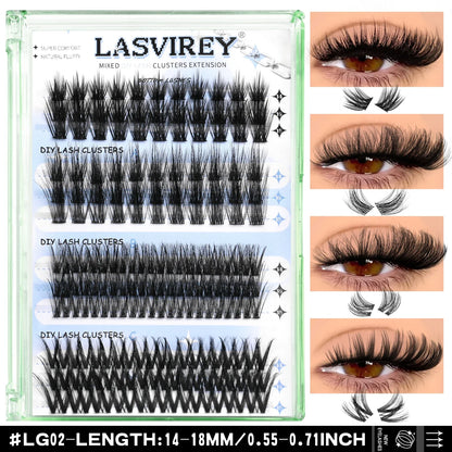 Lasvirey DIY Cluster Lashes Kit – 4-in-1 Fluffy Eyelash Extension Set with Lash Bond & Seal, Mixed Full Individual Lash Clusters