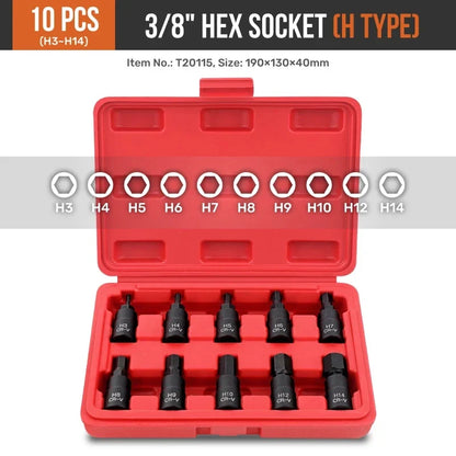 Hi-Spec 10PC 3/8-Inch Drive Socket Set - Torx, Hex & Spline Auto Repair Tool Kit with Red Case