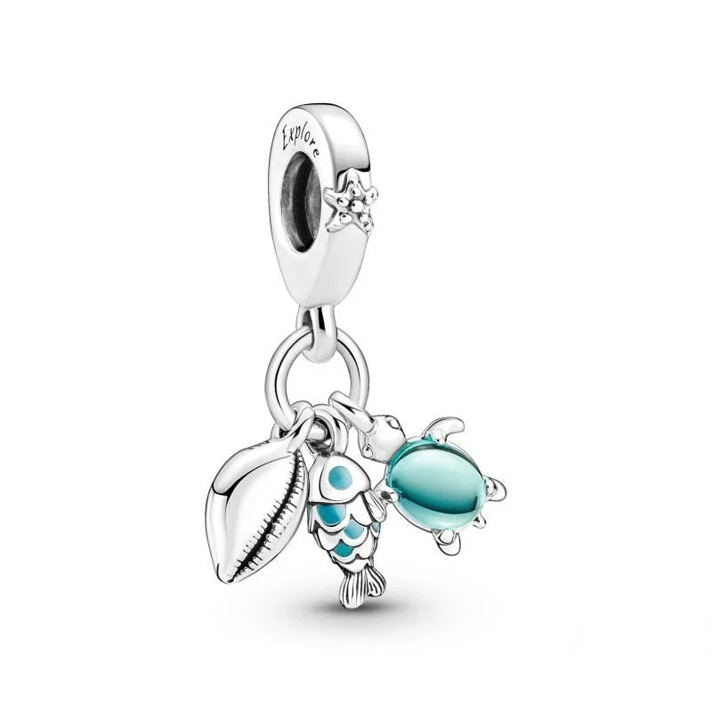 925 Silver Plated Murano Glass Sea Turtle Dangle Charm - Colorful Pink & Blue Jewelry for Women's Bracelet